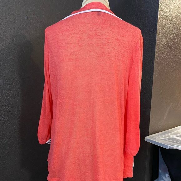 Slinky Brand salmon pink shawl collar open front fine knit cardigan sweater - Picture 4 of 5